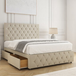 Bsspoke Mulberry Divan Bed Set Cream Plush Velvet 24Inch Headboard & Footboard 2 Drawers Same Side & Mattress In All Sizes