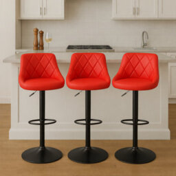 Mof Adjustable Bar Stools Set Of 3, Red Faux Leather, Quilted Diamond Pattern, Swivel Counter Height Chairs With Footrest