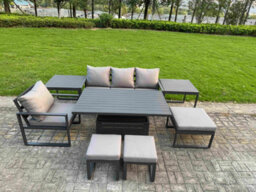 Fimous Aluminum Outdoor Dining Set Includes Adjustable Rising Lifting Dining Table Chairs With 3 Footstools 2 Side Tables - thumbnail 1