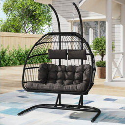 Breeins 2-Seater Hanging Egg Chair With Stand, Outdoor Wicker Swing Basket For Backyard, Includes Comfortable Seat Cushion - thumbnail 2