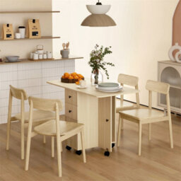 Natural Wood Folding Dining Table With Drop Leaf For 4-6 Rolling Kitchen Table - thumbnail 3