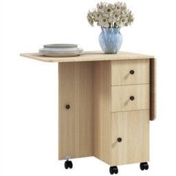 Natural Wood Folding Dining Table With Drop Leaf For 4-6 Rolling Kitchen Table - thumbnail 1