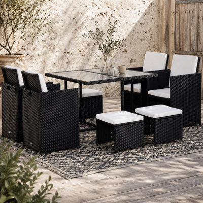 Wyld Haus Viro Rattan 8-Seater Cube Garden Dining Set Black With Cushions And Square Tempered Glass Table - image 1