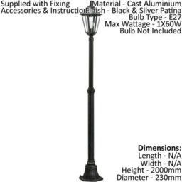 Stylish Ip44 Outdoor Bollard Light In Black And Silver - 2000mm Tall Post With 60W E27 Bulb - thumbnail 2