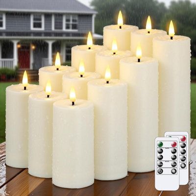Bryxidor 12 Pcs Waterproof Fake Flickering Flameless Timer Function Candles, 5.5 Cm X 10, 12.5, 15, 17.5 Cm Remote Plastic Led