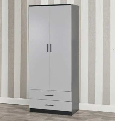 Urbnliving 180Cm Tall Wooden 2 Door Wardrobe Black Carcass And Grey Drawers With 2 Drawers Bedroom Storage Hanging Bar Clothes - image 1