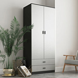 Urbnliving 180Cm Tall Wooden 2 Door Wardrobe Black Carcass And Grey Drawers With 2 Drawers Bedroom Storage Hanging Bar Clothes - thumbnail 3
