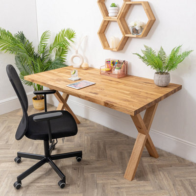 Domli Solid Wood Oiled Oak Office Desk With Oak Wooden X Legs - 800mm X 500mm X 40mm - Premium European Wooden Tabletop And Leg - image 1