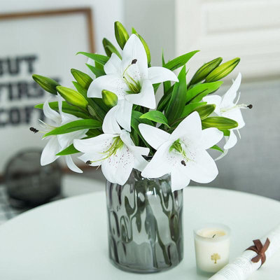 6 (37Cm) White Artificial Lily Flowers, White Bouquets, Realistic Faux Lily Flower For Wedding Party, Home Decor - image 1