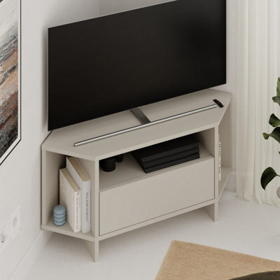 Decortie Modern Viva Corner Tv Unit Up To 36 Inch Tvs Push-To-Open Storage Cabinet, 3 Open Shelf Media Centre 95.7(W)Cm Sandstone - image 1