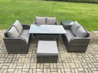 Fimous Wicker Pe Rattan Sofa Outdoor Garden Furniture Set With Rectangular Dining Table Big Footstool Side Table Dark Grey Mixed - image 1