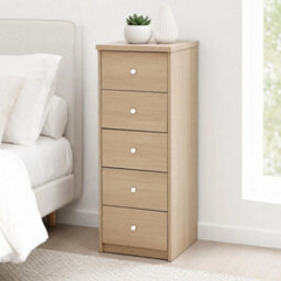 Oak-Effect 5-Drawer Chest Tall Narrow Dresser Storage - thumbnail 5