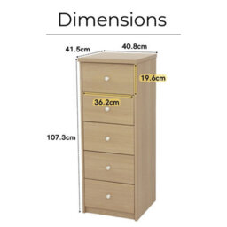 Oak-Effect 5-Drawer Chest Tall Narrow Dresser Storage - thumbnail 2