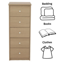 Oak-Effect 5-Drawer Chest Tall Narrow Dresser Storage - thumbnail 3