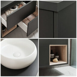 Homestylestore Black Grey 1200mm Wall Hung Bathroom Vanity Unit Round Chalk Countertop Basins Open Shelves - thumbnail 2