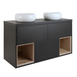 Homestylestore Black Grey 1200mm Wall Hung Bathroom Vanity Unit Round Chalk Countertop Basins Open Shelves - thumbnail 1
