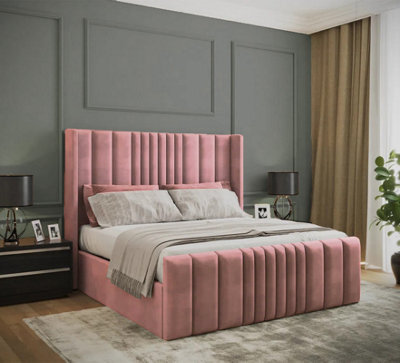 Adore Designs Miami Winged Plush Velvet Ottoman Storage Bed, With Footboard - 4Ft Small Double - Pink - image 1