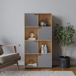 Urbn-Living Urbnliving 119Cm Height Oak Wooden 8 Cube Bookcase With Grey Line Door Display Shelf Storage Shelving Cupboard Unit