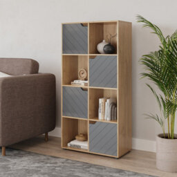 Urbn-Living Urbnliving 119Cm Height Oak Wooden 8 Cube Bookcase With Grey Line Door Display Shelf Storage Shelving Cupboard Unit - thumbnail 2