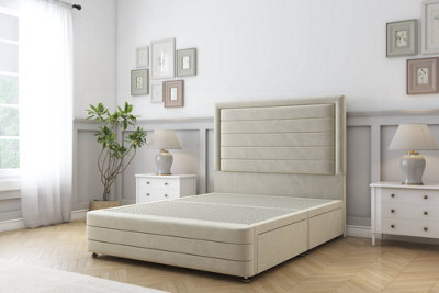 "Sloomy Ashford Cream Plush Divan Bed Base 2 Drawers Left Side-54"" Floor Standing Headboard  12"" Footboard 3' Single" - image 1