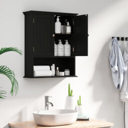 Gainoom Bathroom Black Wall Mounted Cabinet Wooden Hanging Cabinet W/ Doors - thumbnail 3