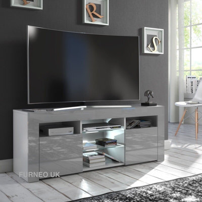Furneo Grey Tv Stand 120Cm Unit Cabinet Matt & High Gloss Puzzo G White Led Lights - image 1