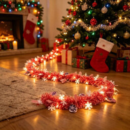 Amorly 2 Pcs 18Ft Christmas Tinsel Led Garland,red Snowflake Twisted Metallic Hanging Garland For Christmas Tree Fireplace Decoration - thumbnail 1