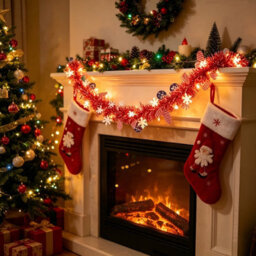 Amorly 2 Pcs 18Ft Christmas Tinsel Led Garland,red Snowflake Twisted Metallic Hanging Garland For Christmas Tree Fireplace Decoration - thumbnail 3