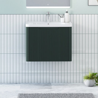 Royal Bathrooms Avenza 600mm Fluted Wall Hung Vanity Unit Deep Moss Green 1 Drawer Storage Cabinet With Ceramic Basin - image 1