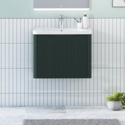 Royal Bathrooms Avenza 600mm Fluted Wall Hung Vanity Unit Deep Moss Green 1 Drawer Storage Cabinet With Ceramic Basin