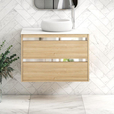 Royal Bathrooms Orion 800mm Natural Oak Wall Hung Plain White Countertop Vanity Unit 2 Drawer With Milan Basin & Chrome Accent Trim - image 1