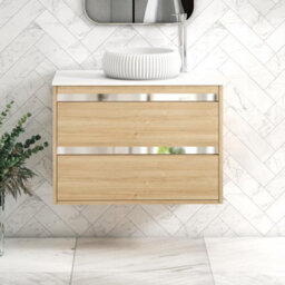 Royal Bathrooms Orion 800mm Natural Oak Wall Hung Plain White Countertop Vanity Unit 2 Drawer With Milan Basin & Chrome Accent Trim - thumbnail 1