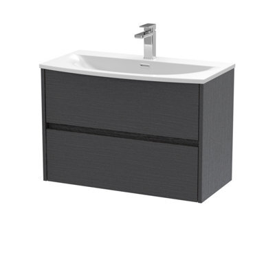 Nuie Havana Wall Hung 2 Drawer Vanity Basin Unit & Curved Ceramic Basin, Modern Sink Vanity Unit In Graphite Grey With White - image 1