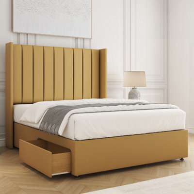 Bsspoke Hannah Divan Bed Mustard Plush Velvet 54Inch Wingedback Panel Headboard 2 Drawers Footend & Mattress In All Sizes - image 1