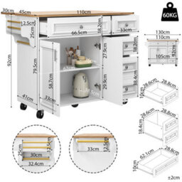 Matteo White Multifunctional Kitchen Island With Folding Tabletop & Storage, N639 Serving Trolley - thumbnail 4