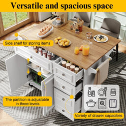 Matteo White Multifunctional Kitchen Island With Folding Tabletop & Storage, N639 Serving Trolley - thumbnail 5