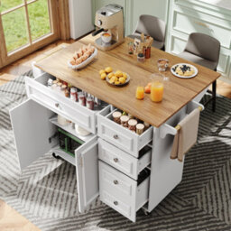 Matteo White Multifunctional Kitchen Island With Folding Tabletop & Storage, N639 Serving Trolley