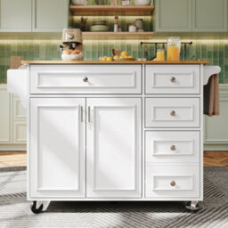 Matteo White Multifunctional Kitchen Island With Folding Tabletop & Storage, N639 Serving Trolley - thumbnail 2