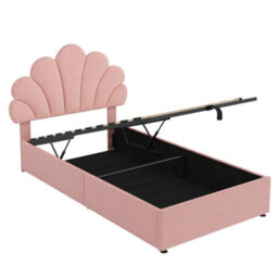 Abrihome 3Ft Pink Velvet Hydraulic Bed 90X190 Cm - Adjustable Petal Headboard, Solid Wood Slat, Storage, No Box Spring (No Mattress) - thumbnail 9