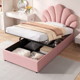 Abrihome 3Ft Pink Velvet Hydraulic Bed 90X190 Cm - Adjustable Petal Headboard, Solid Wood Slat, Storage, No Box Spring (No Mattress) - thumbnail 1