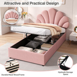 Abrihome 3Ft Pink Velvet Hydraulic Bed 90X190 Cm - Adjustable Petal Headboard, Solid Wood Slat, Storage, No Box Spring (No Mattress) - thumbnail 5