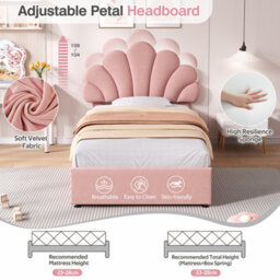 Abrihome 3Ft Pink Velvet Hydraulic Bed 90X190 Cm - Adjustable Petal Headboard, Solid Wood Slat, Storage, No Box Spring (No Mattress) - thumbnail 4
