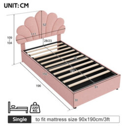 Abrihome 3Ft Pink Velvet Hydraulic Bed 90X190 Cm - Adjustable Petal Headboard, Solid Wood Slat, Storage, No Box Spring (No Mattress) - thumbnail 3