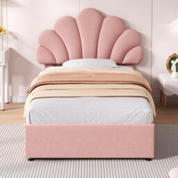 Abrihome 3Ft Pink Velvet Hydraulic Bed 90X190 Cm - Adjustable Petal Headboard, Solid Wood Slat, Storage, No Box Spring (No Mattress) - thumbnail 2