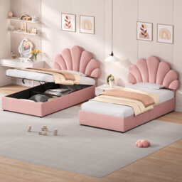 Abrihome 3Ft Pink Velvet Hydraulic Bed 90X190 Cm - Adjustable Petal Headboard, Solid Wood Slat, Storage, No Box Spring (No Mattress) - thumbnail 6