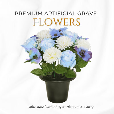 Premium Artificial Grave Flowers - 25Cm Blue Rose With Chrysanthemum & Pansy Memorial Vase Pot