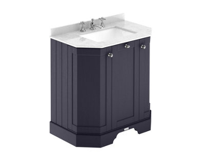 Hudson Reed Floor Standing 3-Door Angled Vanity Unit With 3 Tap Hole White Marble Top & Basin, Twilight Blue, 786X470mm - image 1