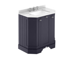 Hudson Reed Floor Standing 3-Door Angled Vanity Unit With 3 Tap Hole White Marble Top & Basin, Twilight Blue, 786X470mm