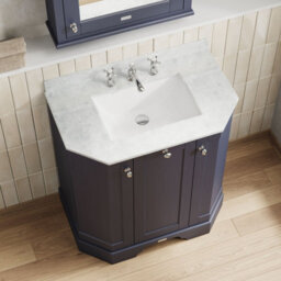 Hudson Reed Floor Standing 3-Door Angled Vanity Unit With 3 Tap Hole White Marble Top & Basin, Twilight Blue, 786X470mm - thumbnail 3