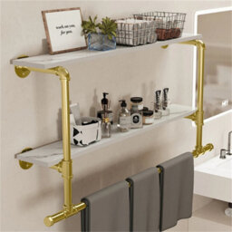 Golden-Extra Long Garment Rack Wall Hanging Rail Rod Shelves - thumbnail 4